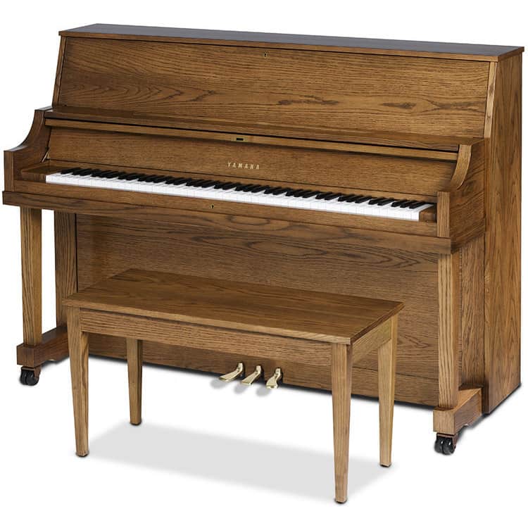 Used upright piano in American Walnut representing used pianos for sale