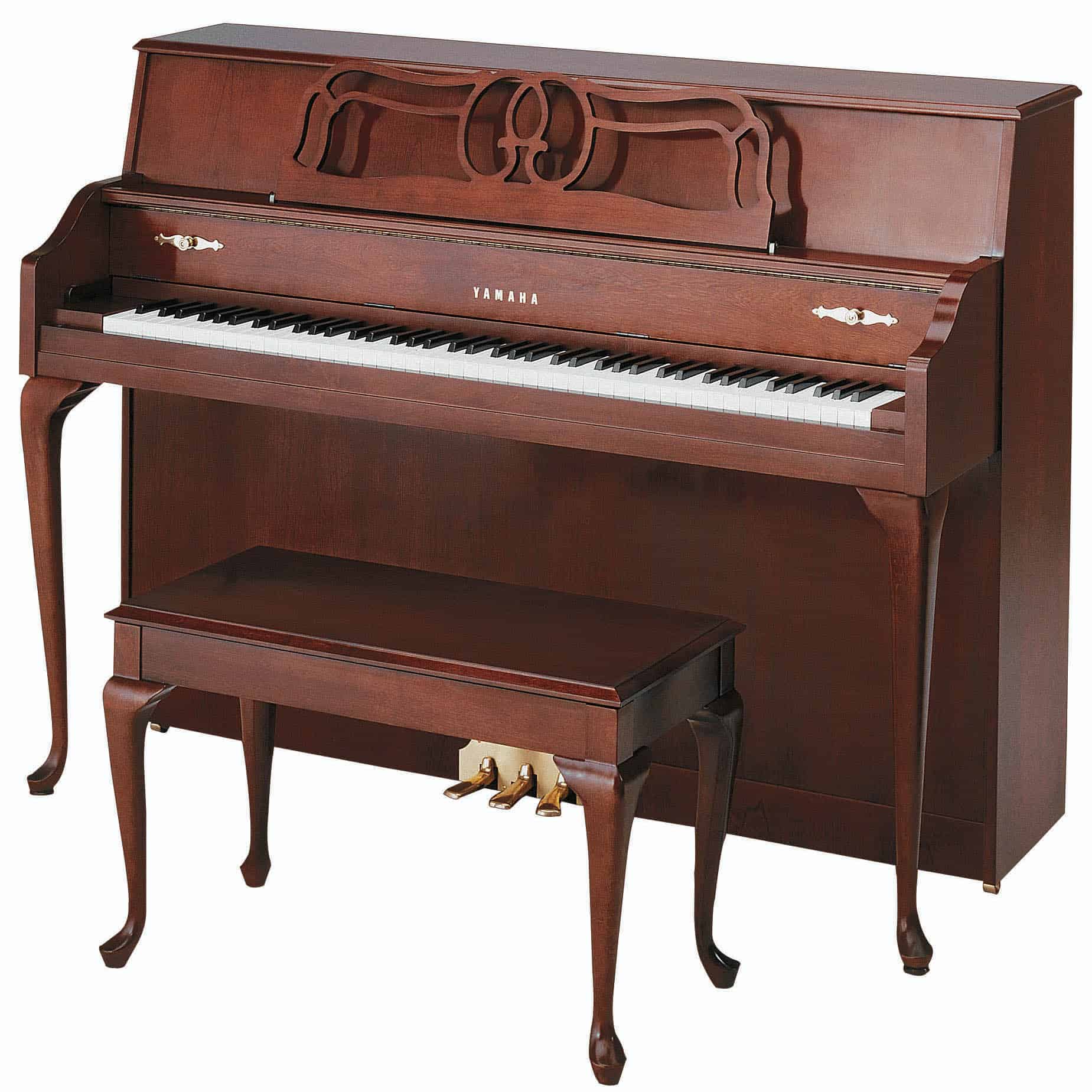 M500 Yamaha Upright Piano Queen Anne Style in Cherry Wood