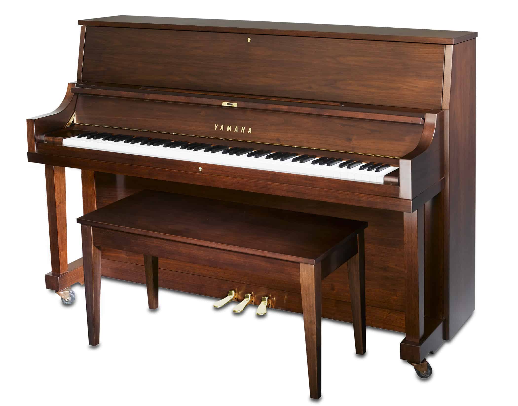 Used upright piano in American Walnut representing used pianos for sale