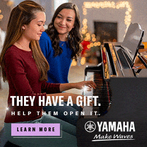 Yamaha piano financing sale banner with teenager and mother together at new piano smiling