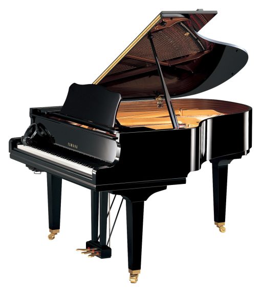 Yamaha GC2 Baby Grand Piano at an angled view and the lid up for a gorgeous view of the soundboard and strings